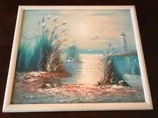 Large Original K. Cummings Beautiful Oil Painting W / Light House Seaside Signed