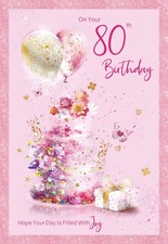 Happy 80th Birthday Card Female Cherry Orchard Flowers Floral Balloons