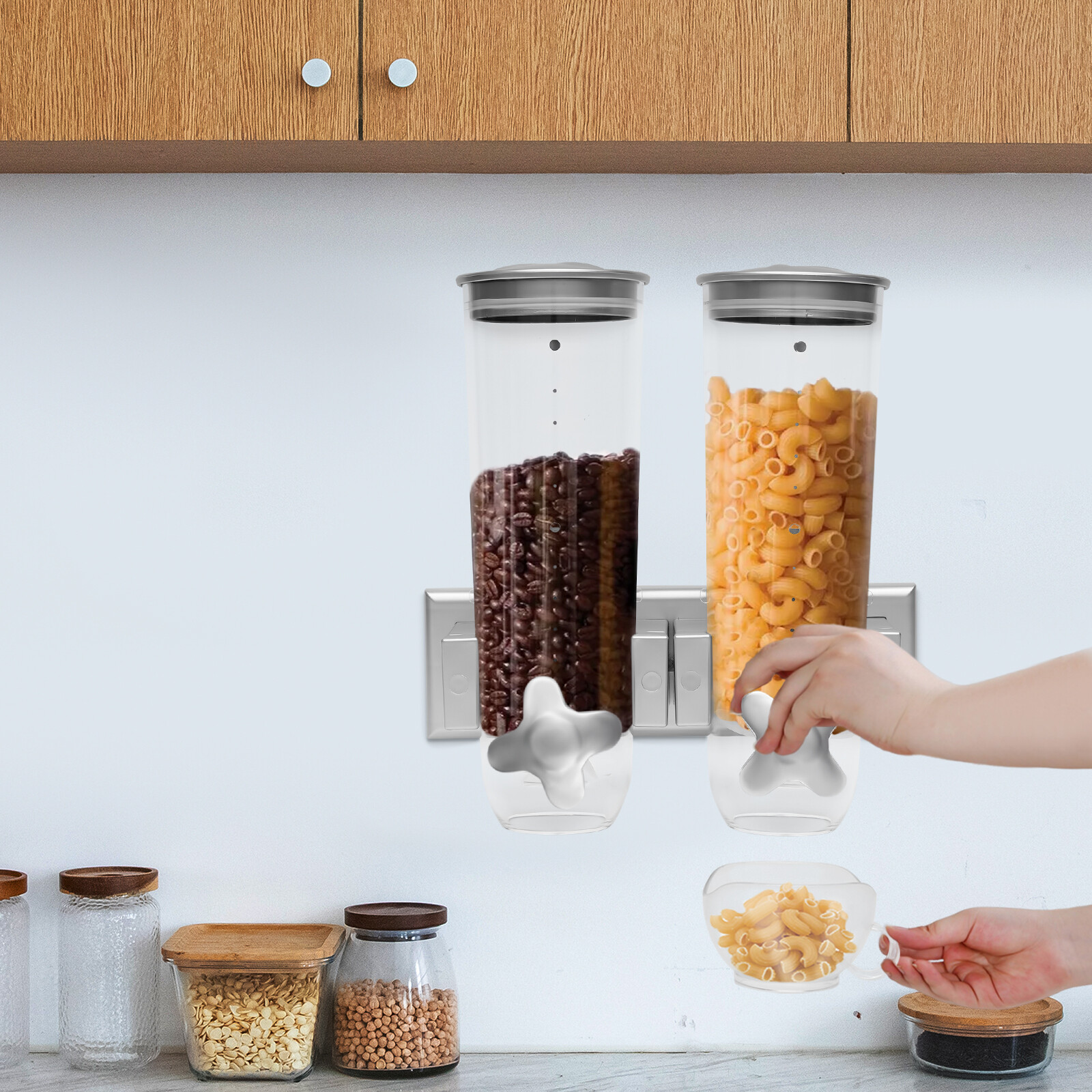 Double food dispenser, wall mounted food dispenser, capacity 3 litres