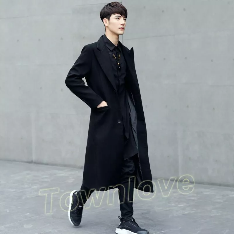 Fashion Mens Long Denim Trench Coat Slim Fit Jeans Korean Pockets Jackets  Spring