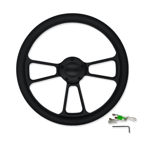 14" 5 Holes Billet Aluminum Steering Wheel w/ Horn Button Black Wrap Hot Rod - Picture 2 of 6