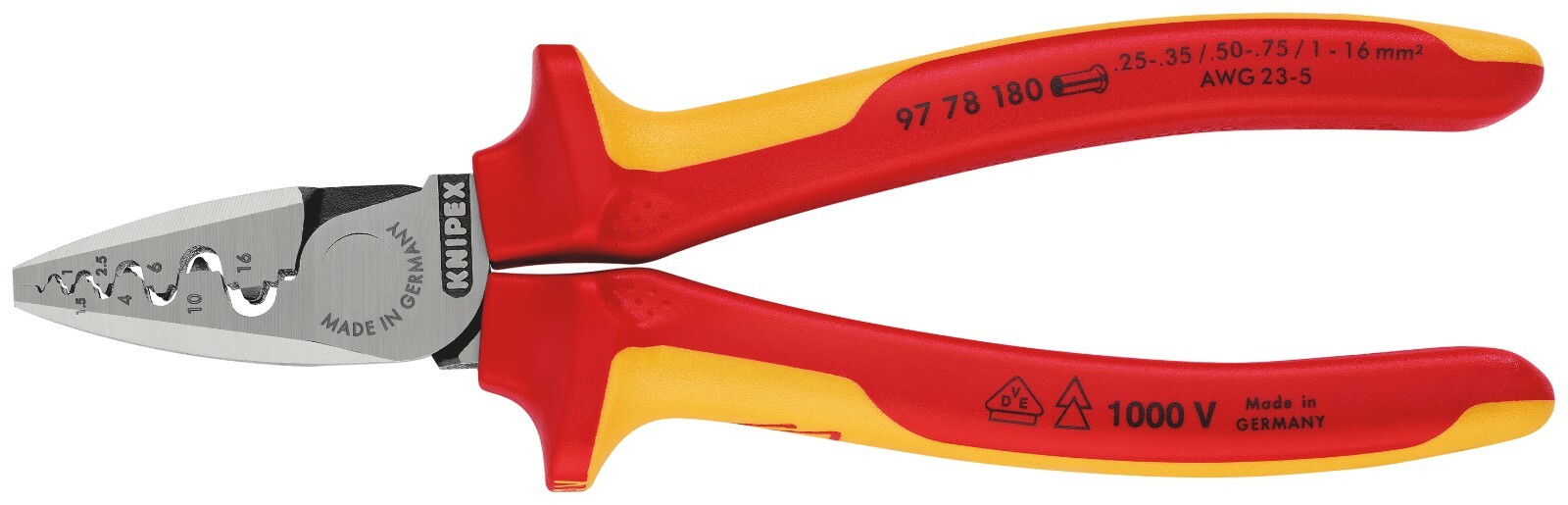Knipex 97 78 180 VDE Insulated Crimping Pliers For End Sleeves (Ferrules) 180mm