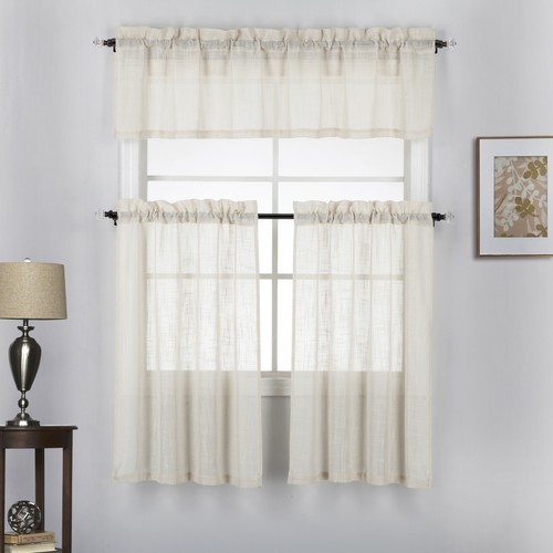 3 Piece Linen Semi Sheer Kitchen Window Treatment Curtain Tiers and Valance Set - Picture 7 of 52
