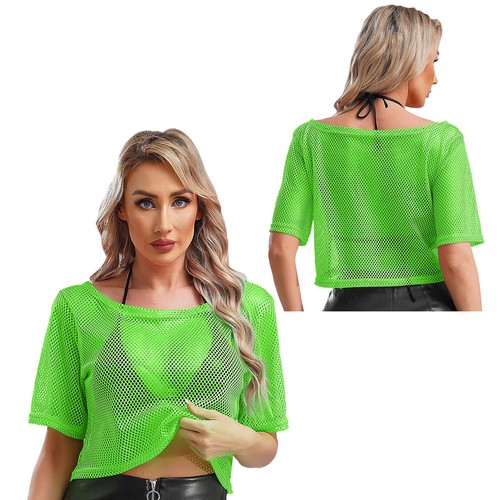 Women Shirt Dance T-shirt Disco T-shirts Off Shoulder Crop Top Net Tops Sheer - Picture 30 of 45