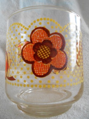 Tulip Daisy Dot Floral Tumblers 8 oz. (x4) Juice Glass Libbey Orange Brown !
