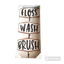 3pc Bathroom Decor Signs with Hooks Floss, Wash, Brush, Farmhouse Hangers NEW