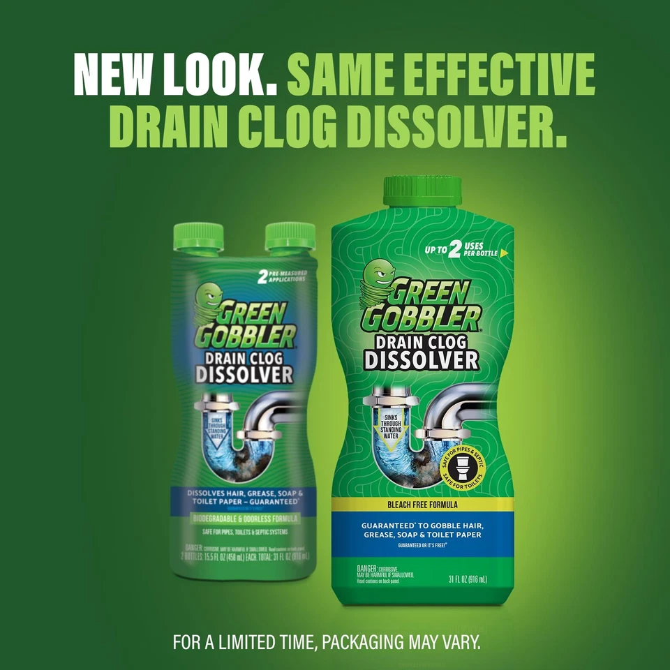 Green Gobbler Drain Clog Dissolver 15.5 Fl Oz 2 Pack Hair Soap Toilet Paper Safe - Image 3 of 4