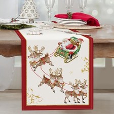 Table Runner 13x72 Inch Santa Claus Sleigh Red 13"W x 72"L Christmas Reindeer