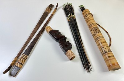 Vintage Wooden Native American Bow & Arrows & Bamboo Quiver Indian Carved Faces