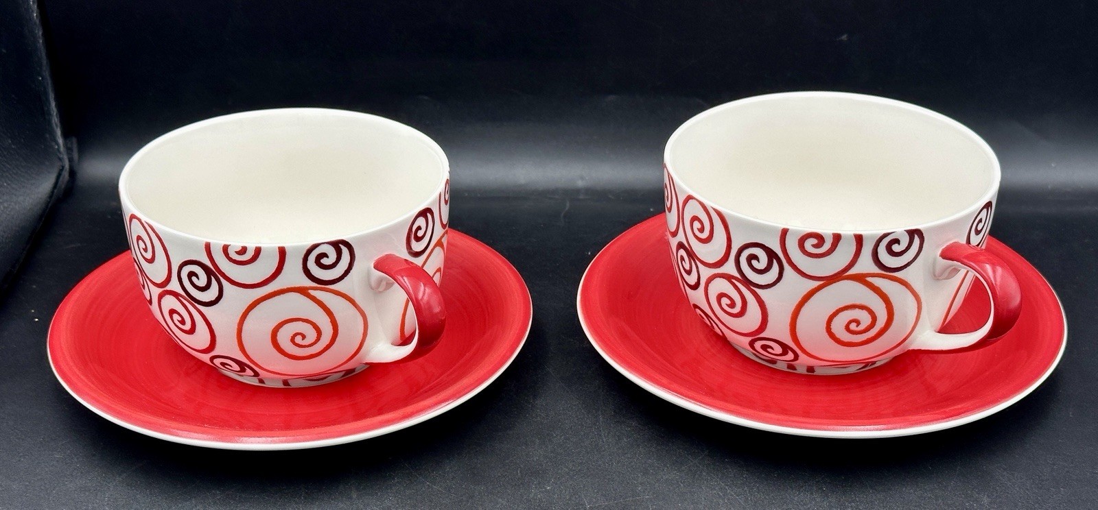 Bundle of Set of 4 Piece Whittard of Chelsea 2 Red Swirl Cups & 2 Red Saucers