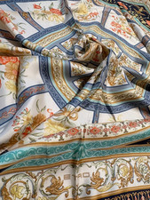 Sciarpa seta ETRO 35 pollici medaglione motivo floreale blu oro ornato quadrato Italia