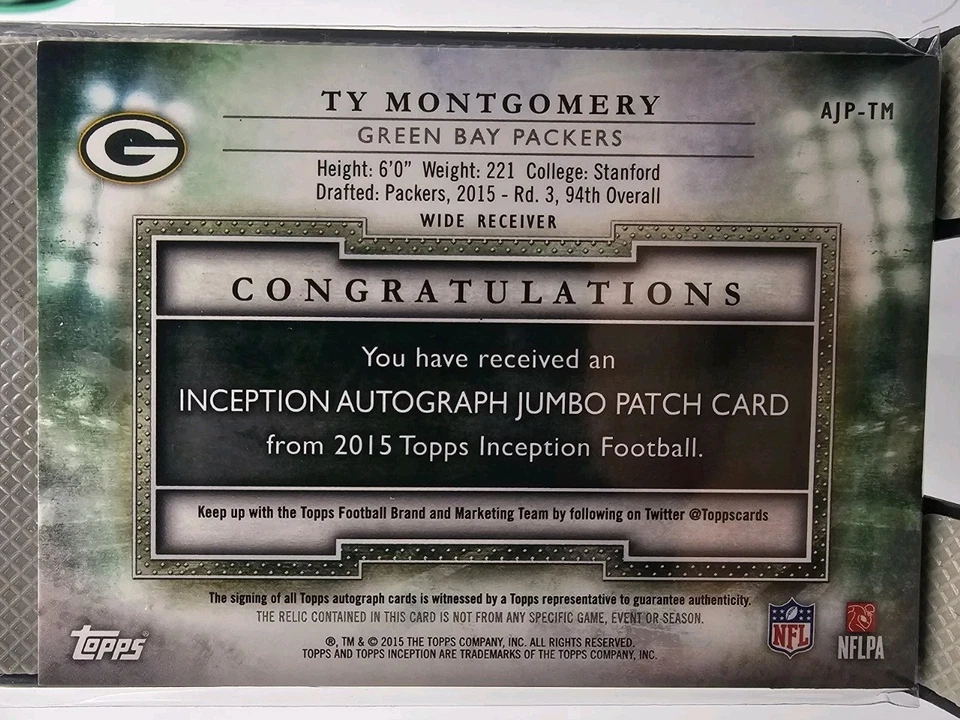 TY MONTGOMERY 2015 TOPPS INCEPTION RPA PACKERS NOVATO PARCHE DE 2 COLORES AUTOMÁTICO RC Foto 2 de 2