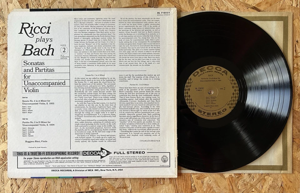 Ricci Violin Bach Sonata & Partita No. 2 Unaccompanied Decca DL 710151 Stereo NM - Image 2 of 4