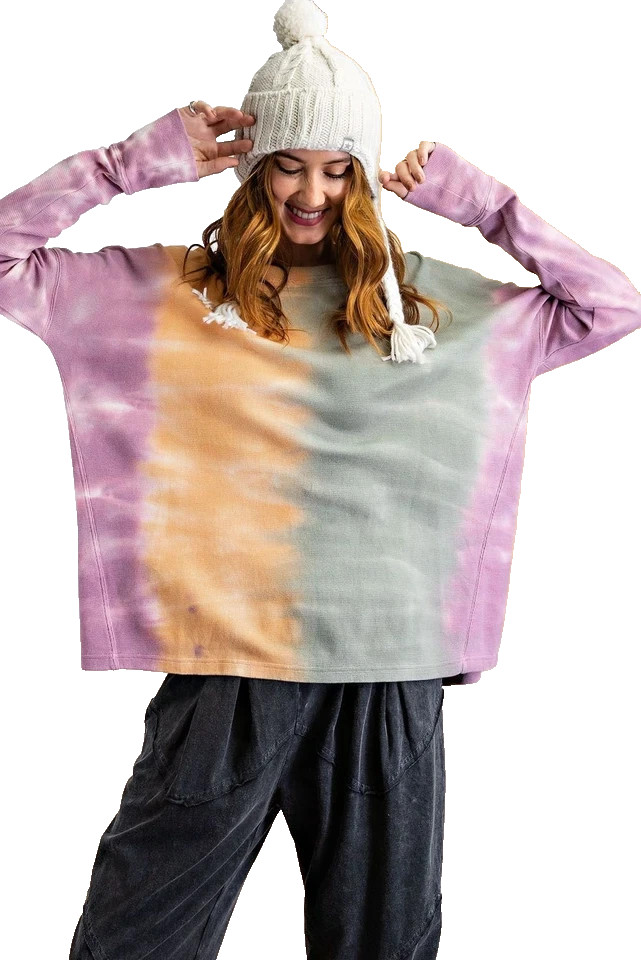 SIZE S EASEL CAMEL/OLIVE MIX "SUNSET DREAMS" OMBRE DYE PULLOVER Top/Shirt BHCS