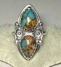 Oyster Copper Turquoise Ring 925 Sterling Silver Sz 9 Double Teardrop Ststement