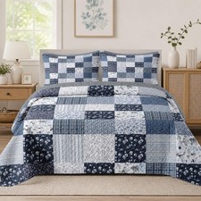Patchwork Quilt Set Queen Size Floral Boho 3 Pcs Soft Bed Cover Bedding Set