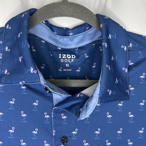 Izod Polo Shirt XL Blue Pink Flamingo Print Golf Stretch Short Sleeve - Picture 3 of 8