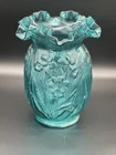 Fenton Vintage Vase Teal Blue Green Glass Ruffled Daffodil Floral 8” Beautiful