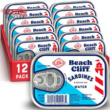 Beach Cliff Sardines in Water, 3.75 Oz Can Pack of 12 - Wild Caught Sardines -