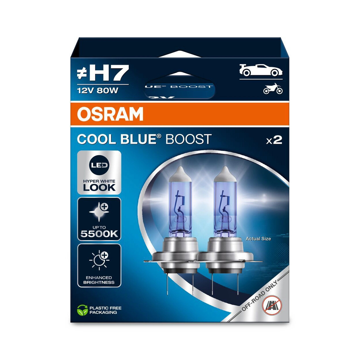 H7 (477) 2X OSRAM COOL BLUE BOOST BULBS 5000K +50% LIGHT HYPER BLUE 62210CBB-2HB