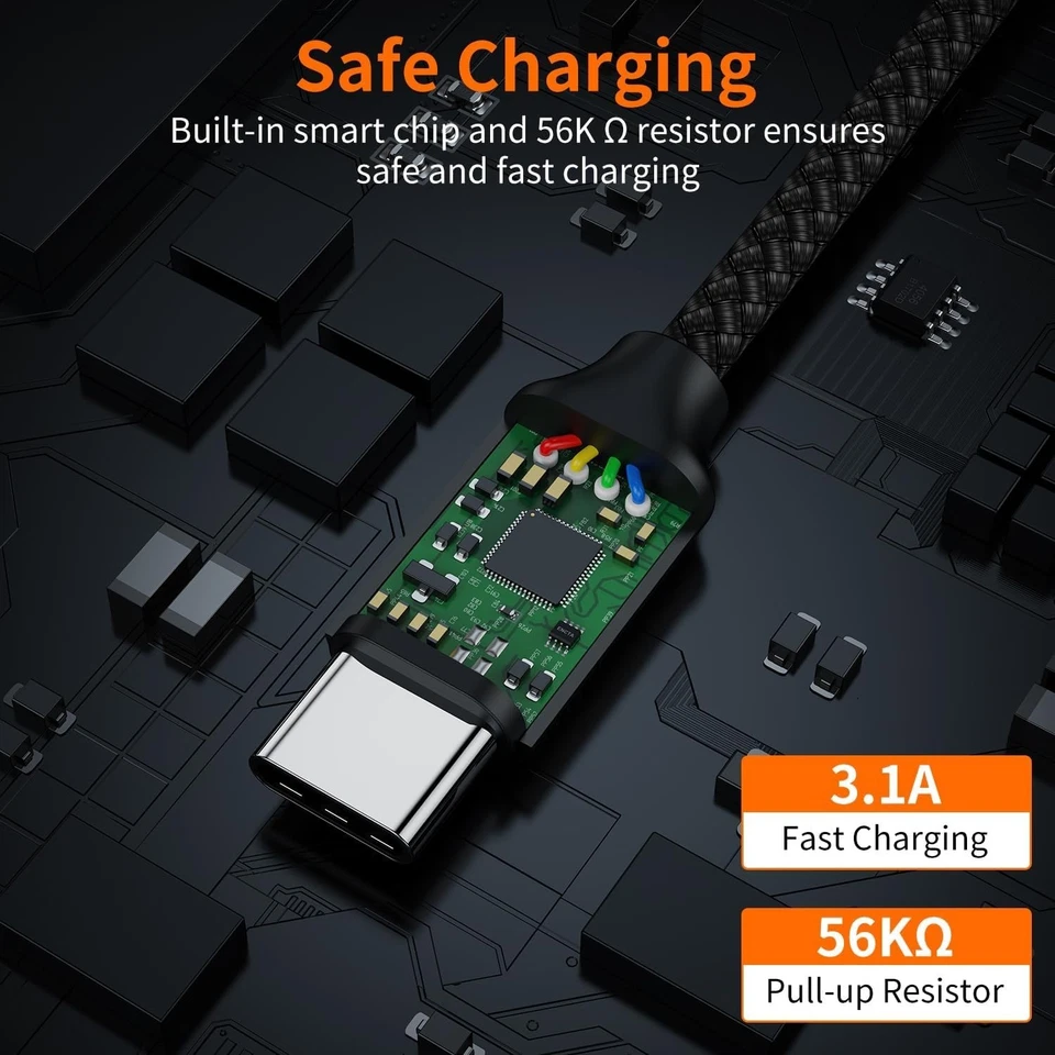 USB A to Type C Cable 6A 66W Fast Charger Braided Long USB C Lead 0.25M 1M 2M 3M - Image 2 of 4