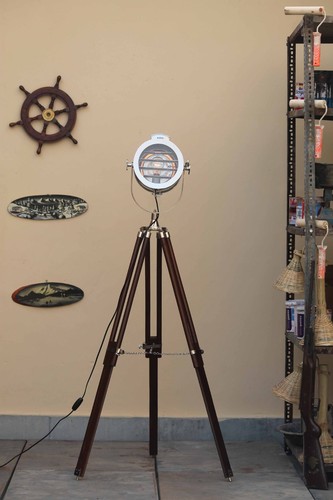 Industrial Chrome Finish Spotlight Tripod Floor Lamp – Brown Stand - Picture 8 of 12