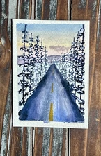 Original ACEO Miniature Watercolor “Snowy Sunrise Road” Landscape Painting