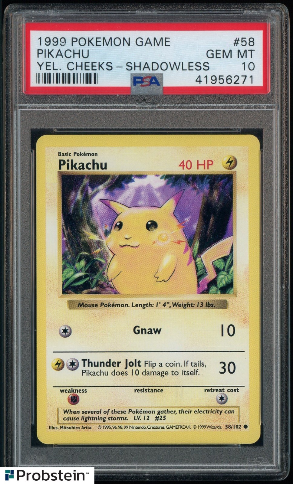 1999 Pokemon Game Yellow Cheeks Shadowless #58 Pikachu PSA 10 GEM MINT