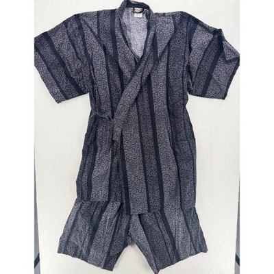 Vintage Japanese Jinbei Set Mens Large Black/White/Grey Cotton Kimono Set