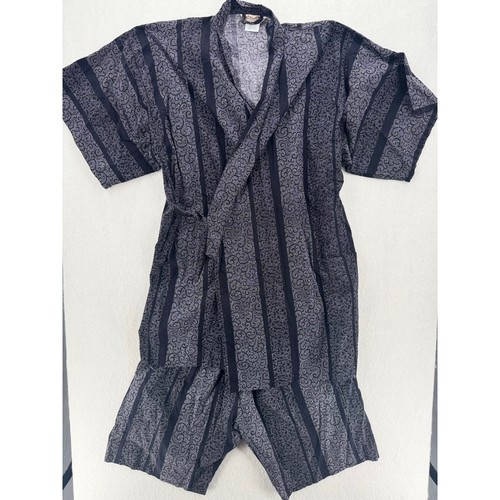Vintage Japanese Jinbei Set Mens Large Black/White/Grey Cotton Kimono Set