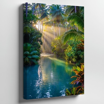 Serene Tropical Rainforest Scene At Dawn, Featuring Tall, Slender Palm Wall Art