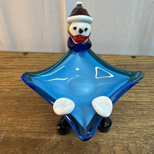 Vintage Murano Style Art Glass Clown Candy Trinket Bowl Blue Square Shaped Dish