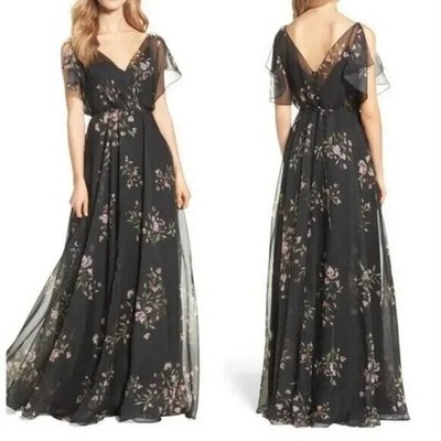 NEW Jenny Yoo Collection Cassie Flutter Sleeve Maxi Dress Gown Black size 10
