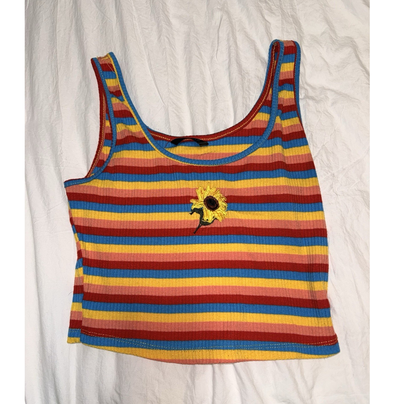 SHEIN Women’s Multicolor Striped Rib Knit Cropped Scoop Neck Tank Top S