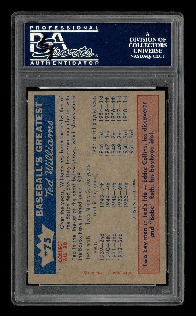 1959 Fleer Ted Williams Set-Break # 75 Williams' Value To Red Sox PSA 8.5 NM-MT+ view 2