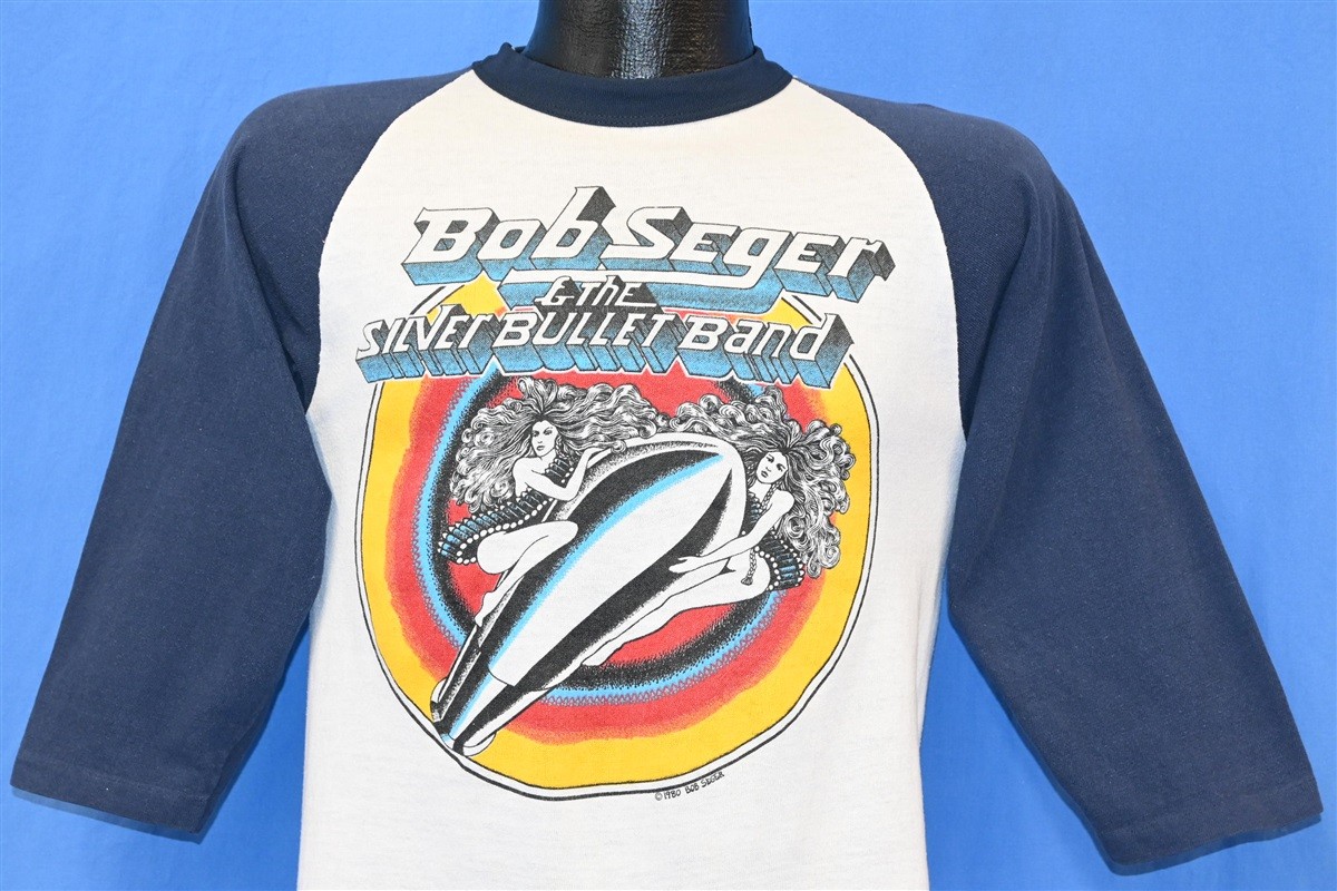 vtg 80s BOB SEGER SILVER BULLET BAND ROCK PINUP GIRLS 3/4 SLV RAGLAN t-shirt S