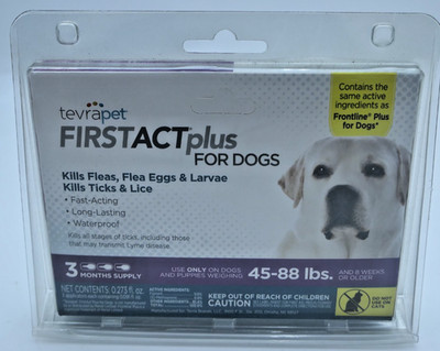 NEW TevraPet FirstAct Plus Flea and Tick for Dogs 45-88F lbs, 3 Applicators