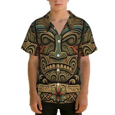 Boys Kids Teens Hawaiian Shirt Button Down Short Sleeve Retro Tiki Tribal