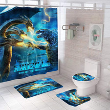 4 Piece Godzilla Shower Curtain Set with Non-Slip Rug, Toilet Lid Cover, Bath Ma