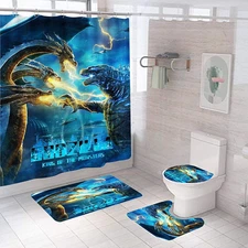 4 Piece Godzilla Shower Curtain Set with Non-Slip Rug, Toilet Lid Cover, Bath Ma