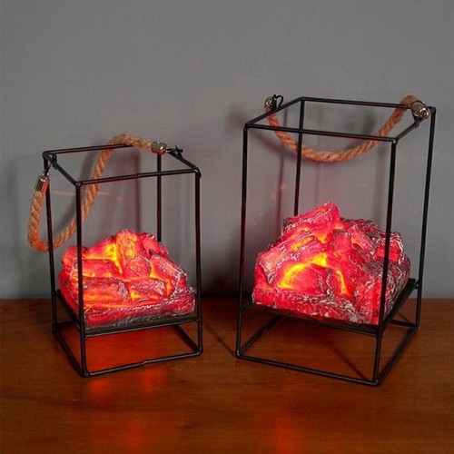 Fireplace Lamp LED Lantern Home Decor Iron Resin Charcoal Flame