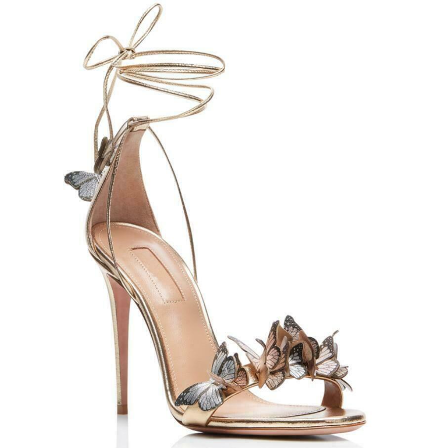 Women Butterfly Open Toe Lace Up Faux Suede Strap Stiletto Sandals Shoes Heels