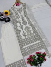 Latest Off White Faux Georgette Top Palazzo With Dupatta For Women Party Wear