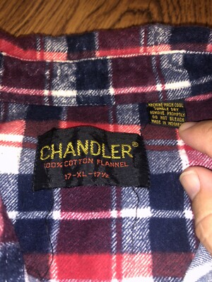 VTG Chandler Mens Flannel Shirt 100% Cotton Red Blue Size XL 70s