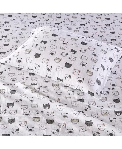 4PCS Flannel Sheet Set - Full Size - White with Cat Faces Sheets kitten - Picture 4 of 5