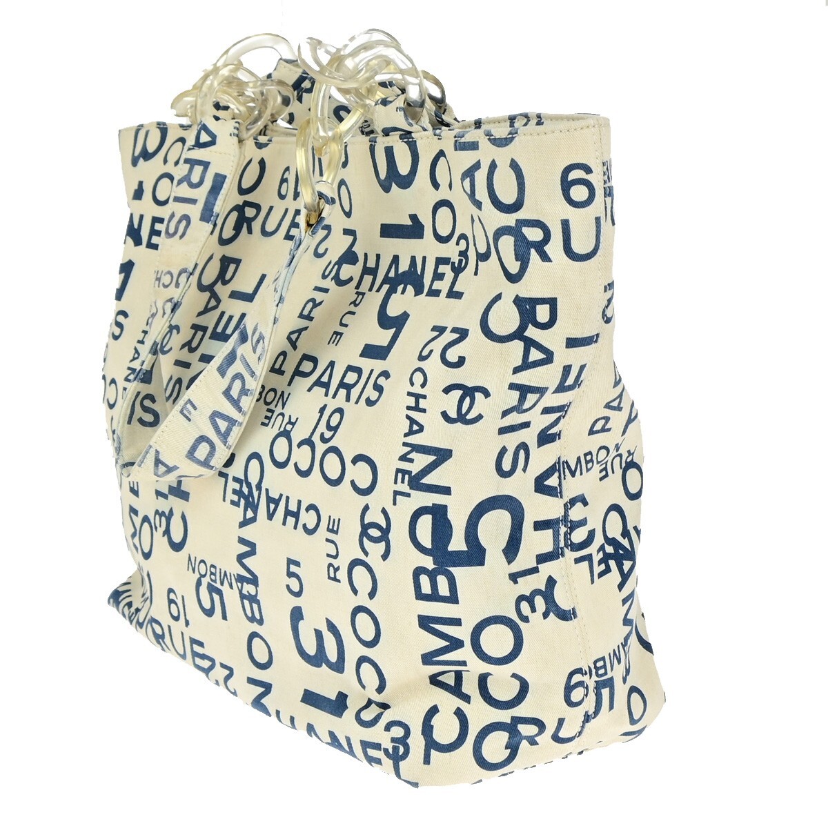 CHANEL Logo By Sea Shoulder Tote Bag Canvas Leather White