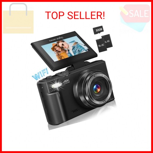 Digital Camera for Photography, 4K Vlogging Camera for YouTube 3" 180° Flip Scre