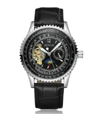 Men Automatic Watch Moon Phase Mechanical Leather Classic Wristwatch 