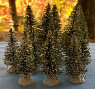 Holiday Christmas Village Accessories 12, Flocked Green Bottlebrush Pine Trees