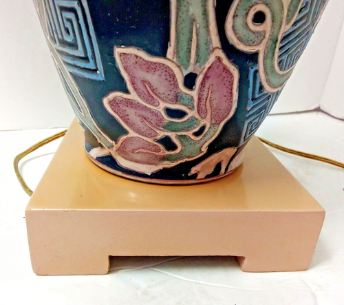 Vintage Ceramic Ginger Jar 23" Tall Square Base, Navy/Mauve/Pink Floral Design - Picture 11 of 18